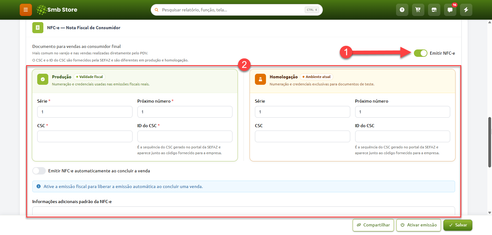 Tela de configuração da NFC-e no Smb Store, destacando a ativação da emissão fiscal e o preenchimento dos dados de série, numeração, CSC e ID do CSC para os ambientes de produção e homologação.