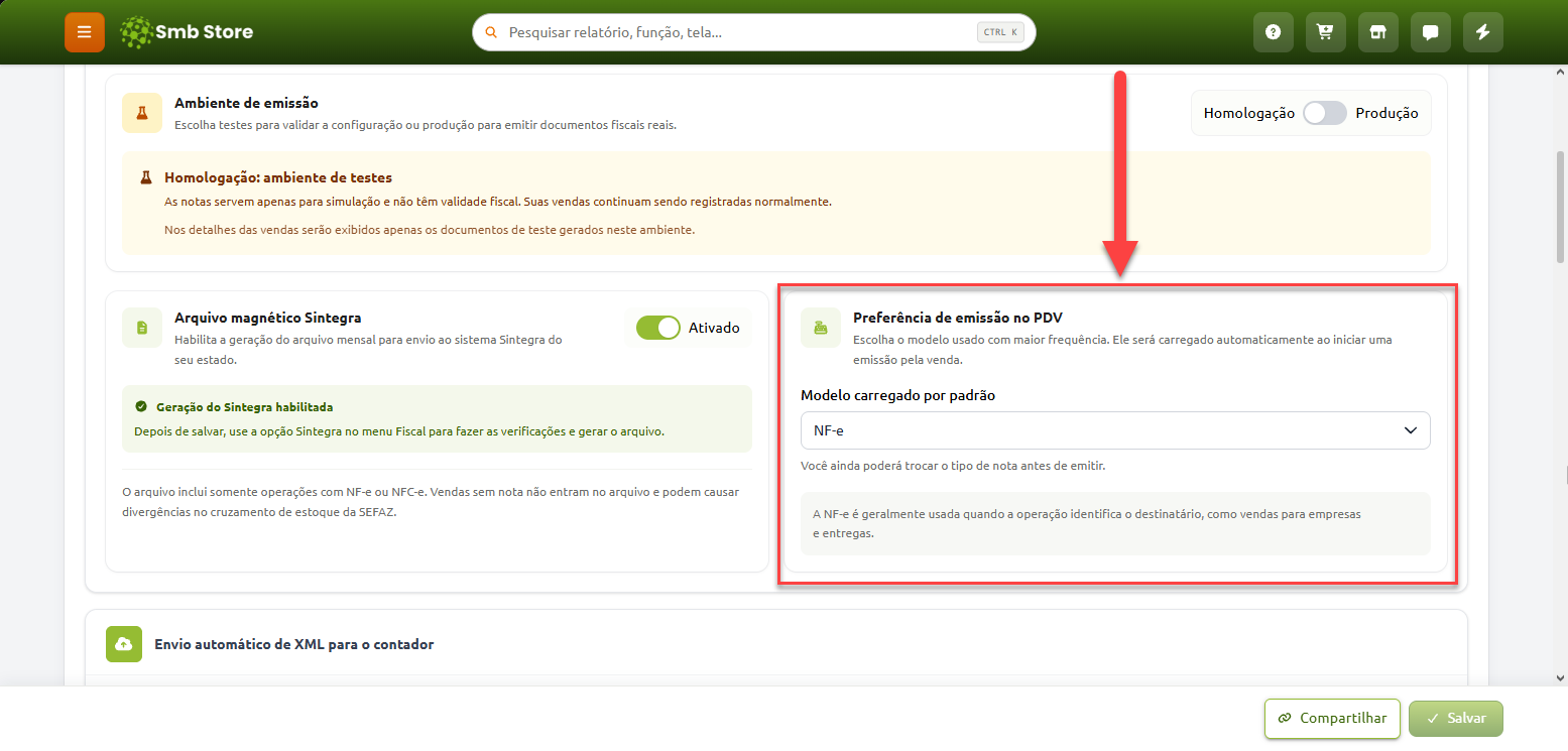 Tela de configurações do sistema Smb Store com destaque para a seção "Preferência de emissão no PDV", exibindo o campo de seleção de modelo padrão definido como "NF-e".