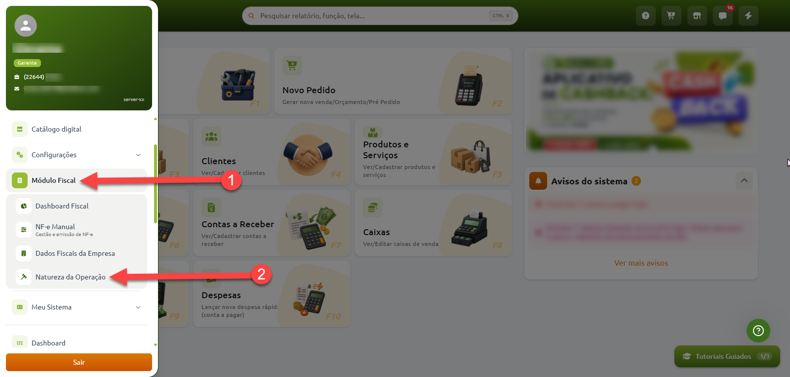 Tela inicial do sistema com o menu lateral aberto, indicando o caminho de navegação ao selecionar primeiro a opção "Módulo Fiscal" e, em seguida, "Natureza da Operação".