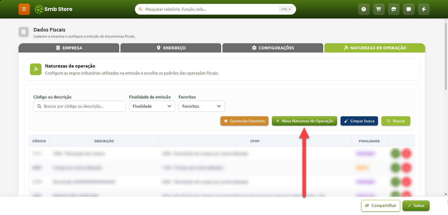 Tela de Naturezas de Operação no sistema Smb Store, com filtros de busca, lista de registros e uma seta vermelha apontando para o botão Nova Natureza de Operação.