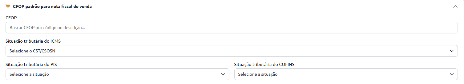 Formulário de configuração do CFOP padrão para nota fiscal de venda, com campos para busca de CFOP por código ou descrição e menus suspensos para seleção da situação tributária do ICMS (CST/CSOSN), do PIS e do COFINS.