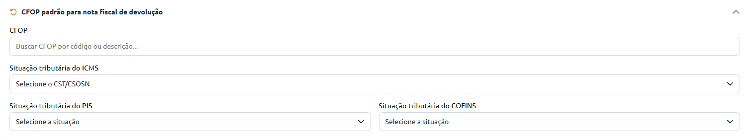 Formulário de configuração do CFOP padrão para nota fiscal de devolução, com campos de preenchimento para CFOP, situação tributária do ICMS, situação tributária do PIS e situação tributária do COFINS.