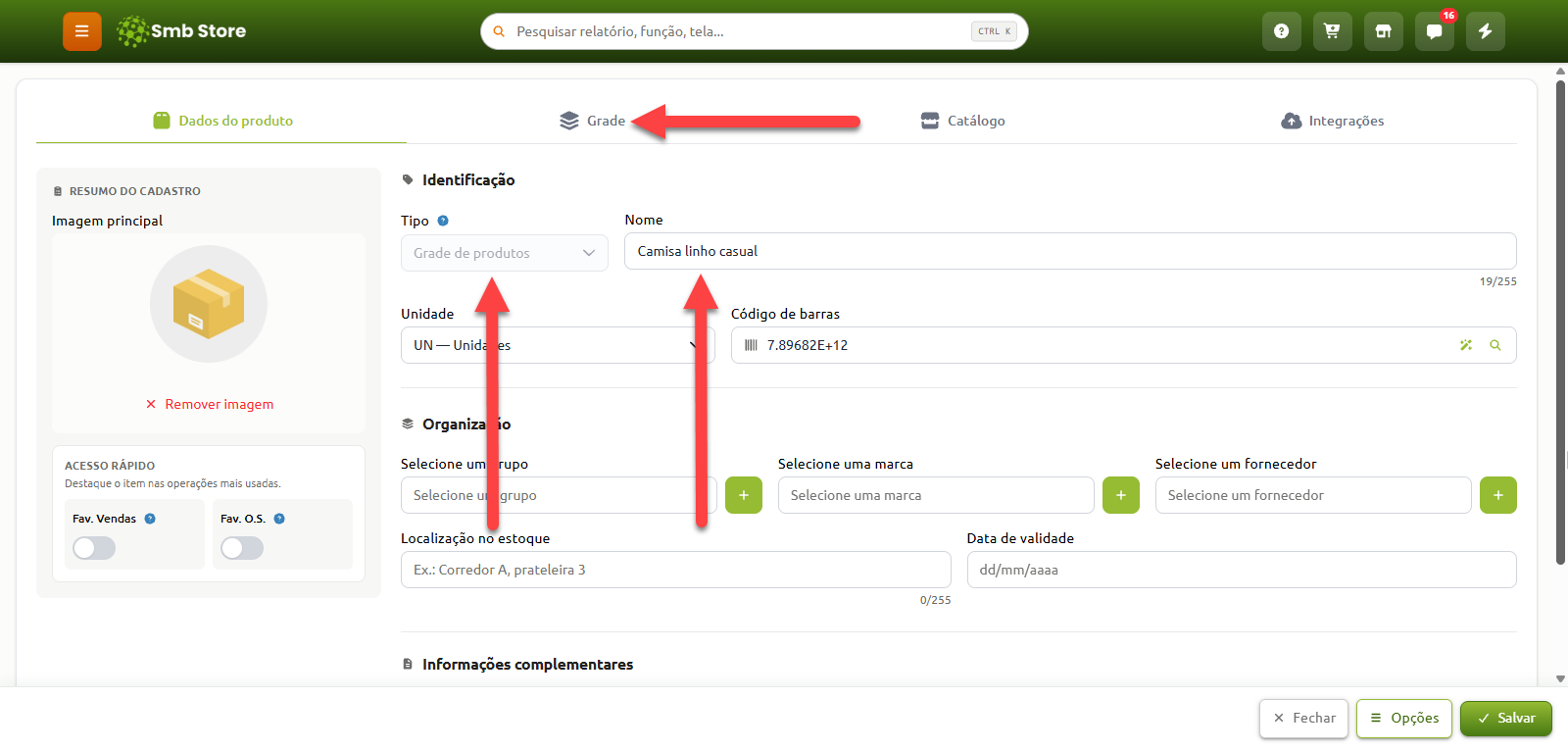 Tela de cadastro de produto no sistema Smb Store, com setas vermelhas destacando a seleção da opção "Grade de produtos" no campo Tipo, o preenchimento do Nome e a aba superior "Grade".