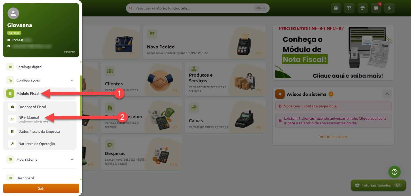 Tela inicial do sistema de gestão com o menu lateral aberto, indicando o caminho de navegação a partir do menu "Módulo Fiscal" até a opção "NF-e Manual".