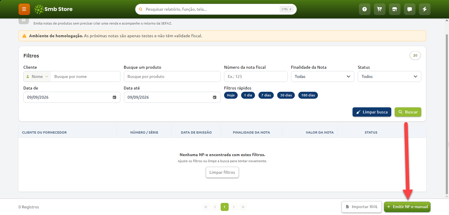 Tela de consulta e emissão de notas fiscais do Smb Store, com opções de filtros de busca e destaque apontando para o botão de emissão manual de NF-e.