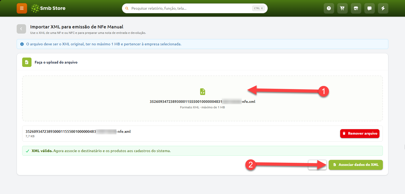 Tela de importação de XML no Smb Store, destacando o upload de um arquivo de NFe válido e o botão para associar os dados do XML ao sistema.