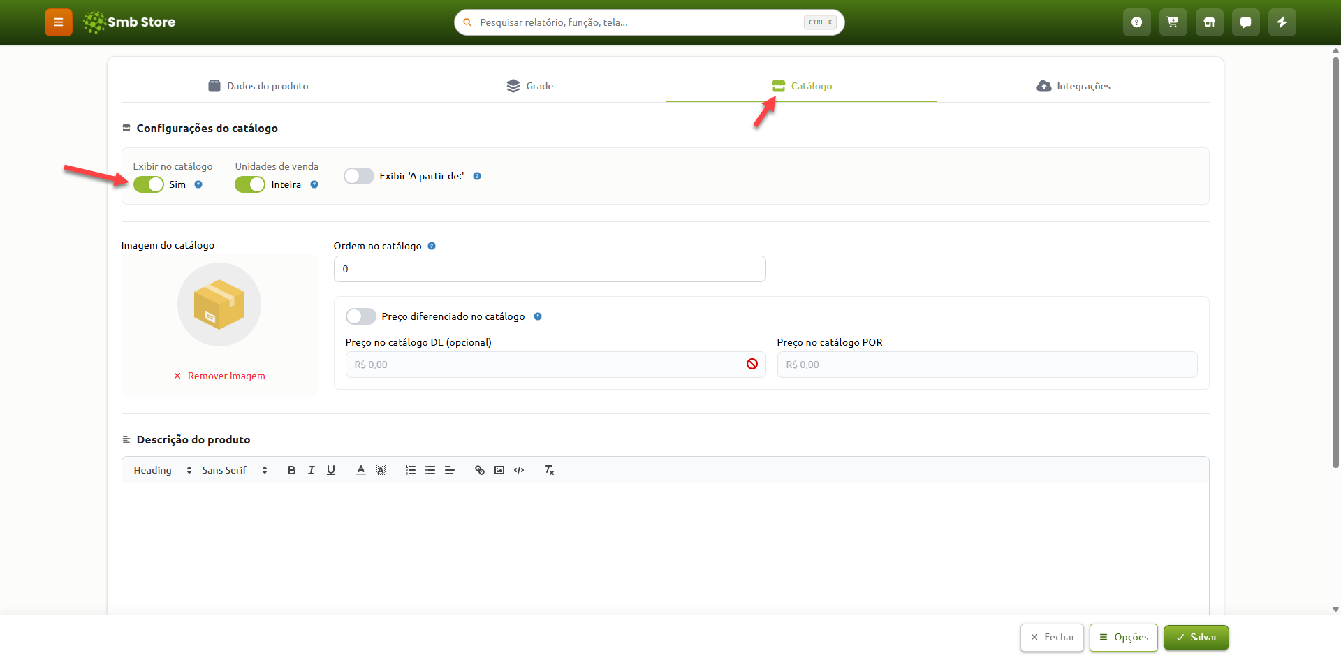 Tela de configurações de catálogo de um produto no sistema Smb Store, com a opção "Exibir no catálogo" ativada e campos disponíveis para ajuste de imagem, ordem, preços promocionais e descrição formatada.