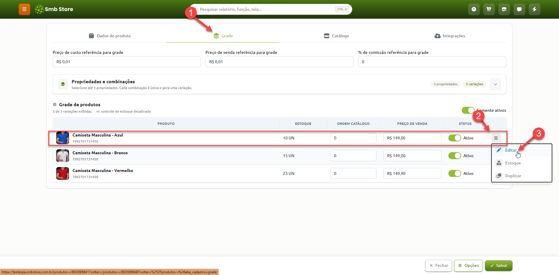 Tela de cadastro de produto na aba Grade, exibindo as variações do item e o menu de opções aberto com a função Editar selecionada.