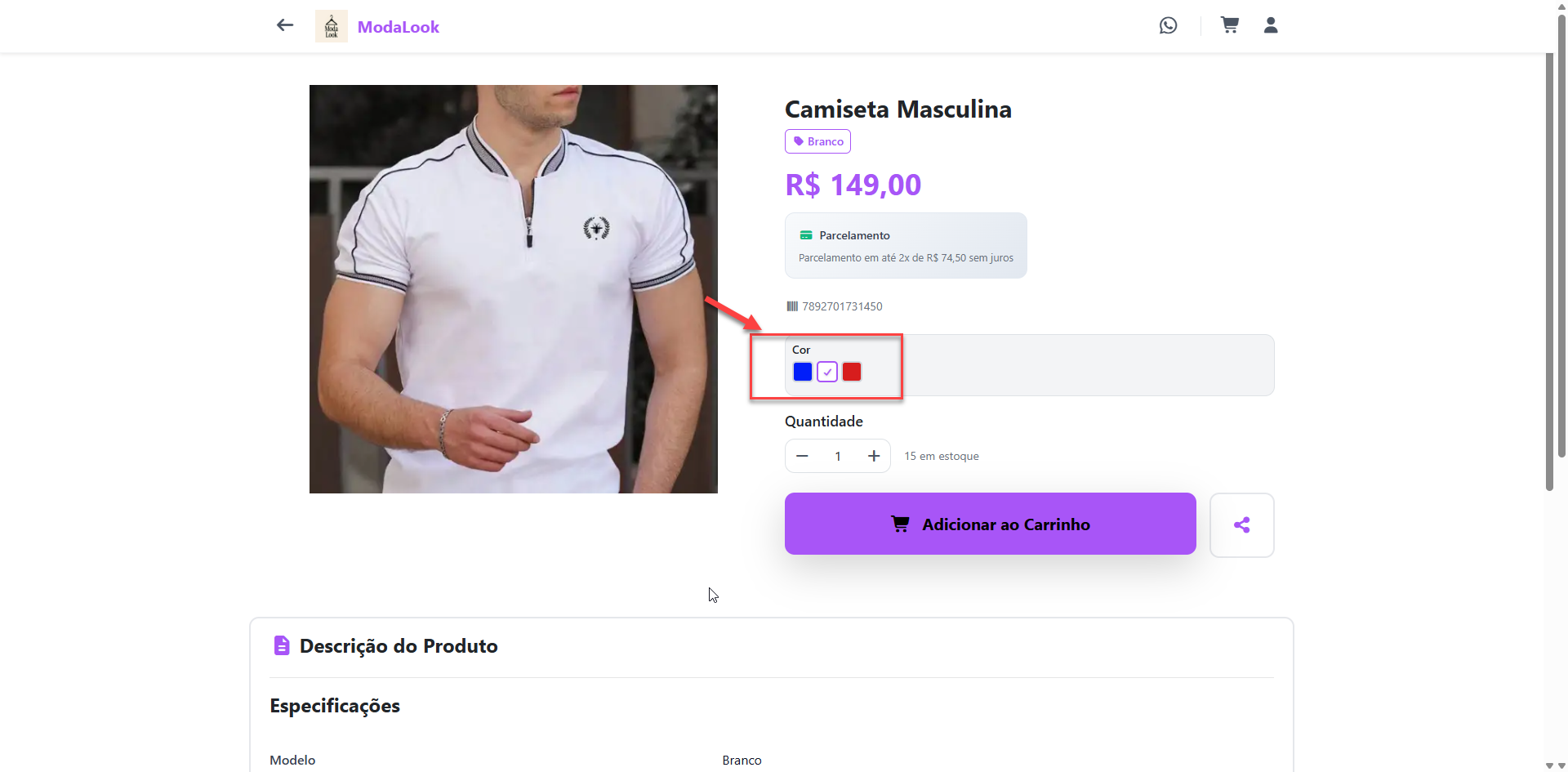 Página de produto de e-commerce exibindo foto, preço e opções de compra de uma camiseta masculina, com destaque para a seleção de cores disponíveis.