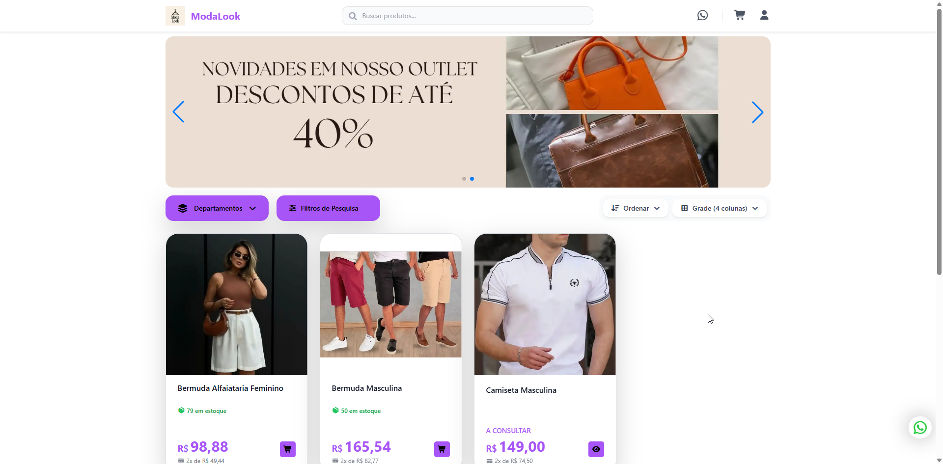 Página inicial da loja virtual ModaLook, com banner promocional de descontos em destaque no topo, opções de busca e filtros, e catálogo de produtos de vestuário com fotos, títulos, estoque e preços.