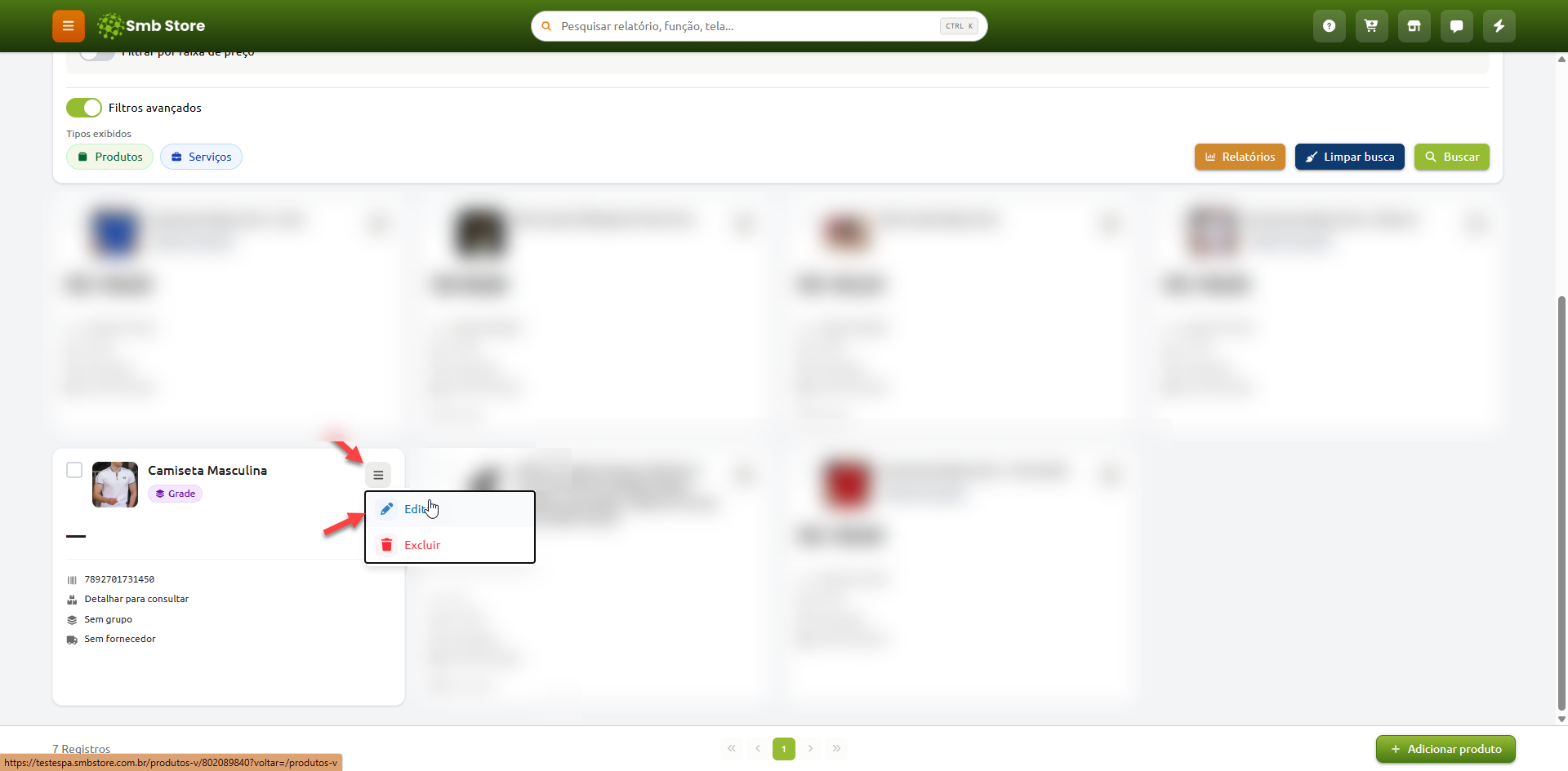 Tela de listagem de produtos no Smb Store, com o menu de opções do item Camiseta Masculina aberto destacando a ação de edição.