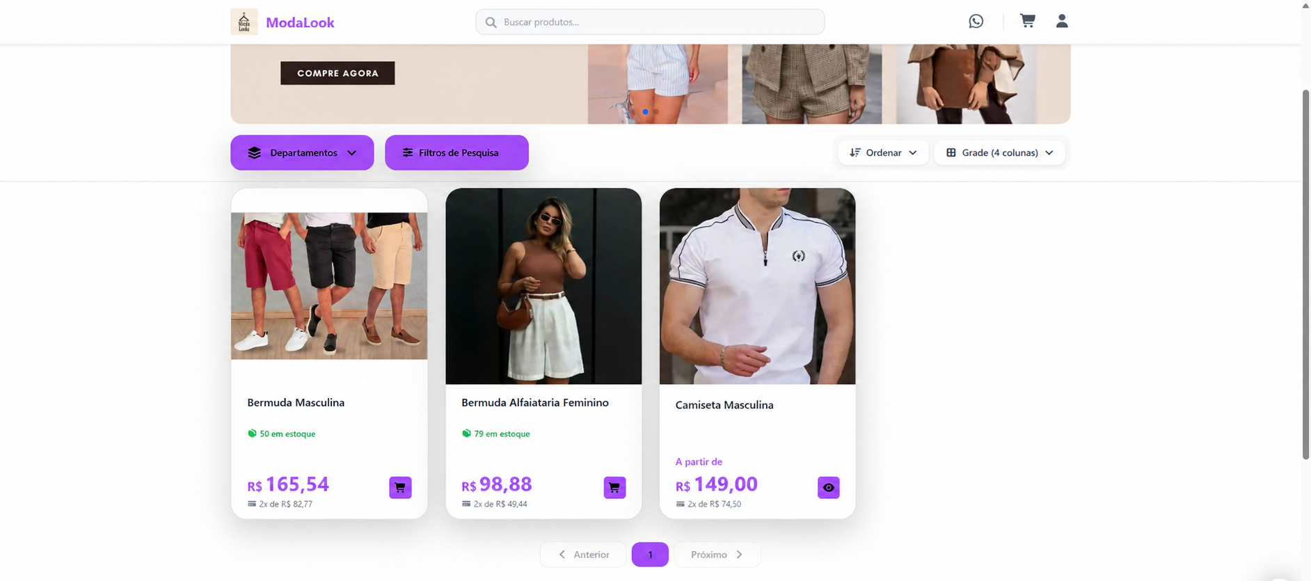 Página da loja virtual ModaLook exibindo catálogo de roupas com opções de busca, filtros e cartões de produtos com fotos, títulos, estoque, preços, opções de parcelamento e botões de compra.