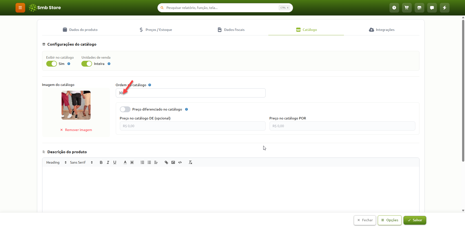 Tela de configuração do produto na aba de catálogo do sistema Smb Store, destacando o campo para definir a ordem de exibição no catálogo, além de opções de visibilidade, imagem do item, preços diferenciados e editor para descrição do produto.