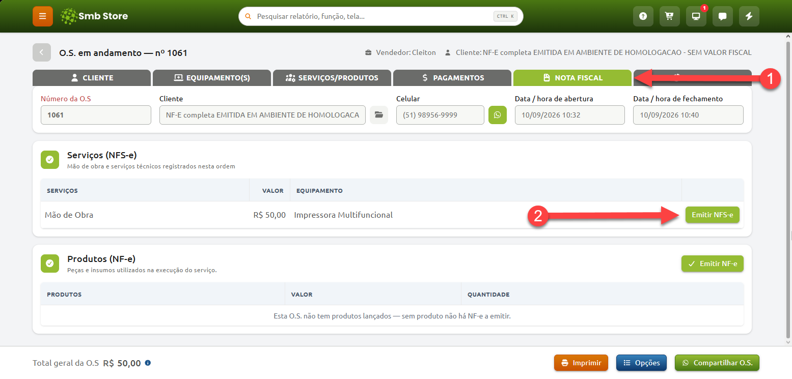 Tela de ordem de serviço no sistema Smb Store, com a aba "Nota Fiscal" selecionada e indicação passo a passo para a emissão de NFS-e do serviço listado.