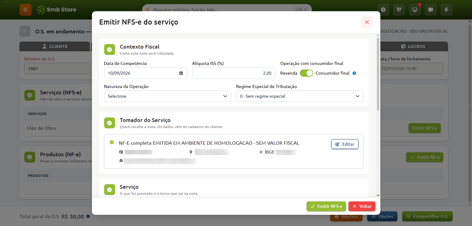 Janela de emissão de NFS-e no Smb Store, exibindo seções para preenchimento do contexto fiscal, dados do tomador do serviço e detalhes do serviço prestado, com botões para emitir a nota ou voltar.