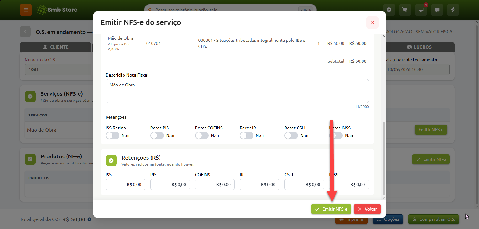 Janela de emissão de NFS-e do serviço no sistema Smb Store, apresentando detalhes do serviço de mão de obra, tributação, retenções de impostos e uma seta vermelha apontando para o botão Emitir NFS-e.