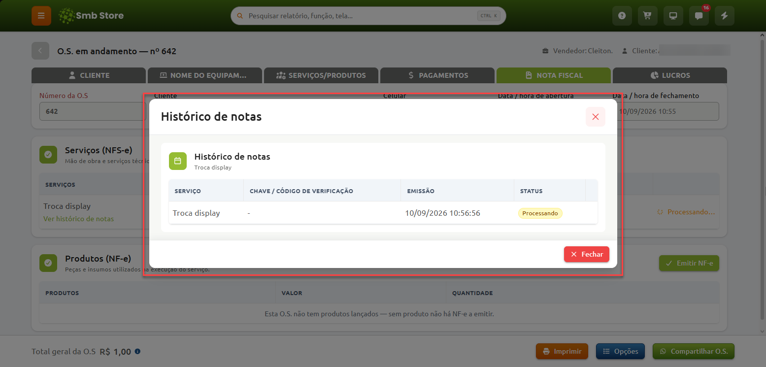 Janela de histórico de notas fiscais da ordem de serviço, exibindo o serviço de troca de display com data de emissão e o status da nota em processamento.