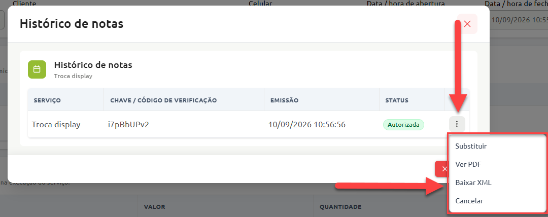 Janela de Histórico de notas com um registro de nota fiscal autorizada e menu de opções aberto, destacando a opção Baixar XML.