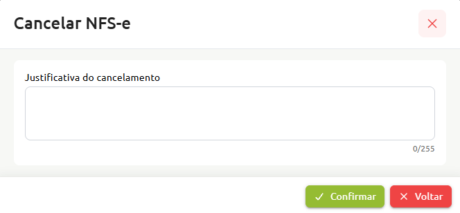 Tela de cancelamento de NFS-e com campo de texto para preencher a justificativa de cancelamento, com limite de 255 caracteres, e botões para confirmar ou voltar.