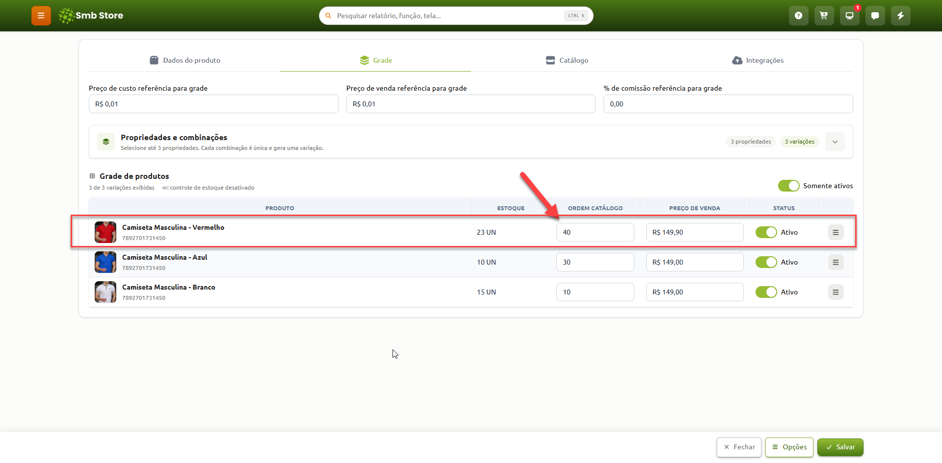 Tela de gerenciamento de grade de produtos com destaque para a definição do número de ordem no catálogo da variação do item.
