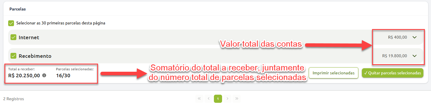 Tela de gerenciamento financeiro exibindo a seleção de parcelas de contas com seus respectivos valores e, no rodapé, o somatório do total a receber junto com a contagem de parcelas selecionadas.
