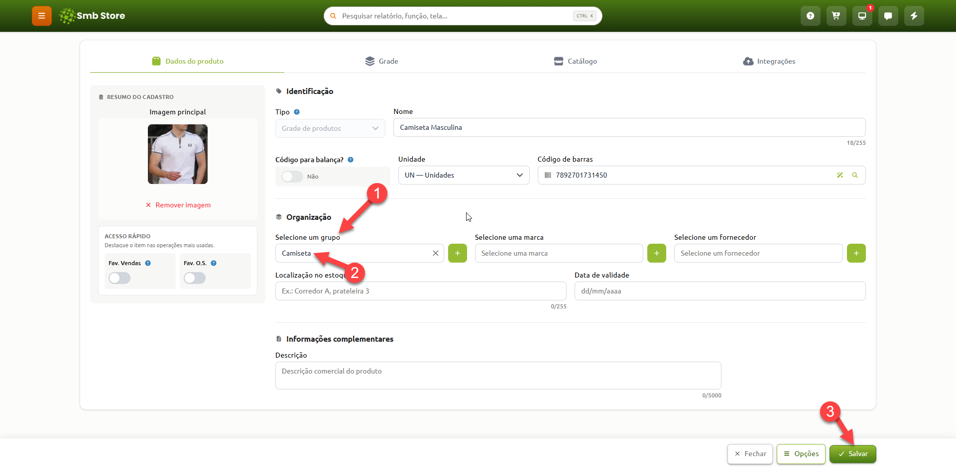 Tela de cadastro de produto no sistema Smb Store, destacando o preenchimento do campo de grupo na seção de organização e o botão para salvar as alterações.