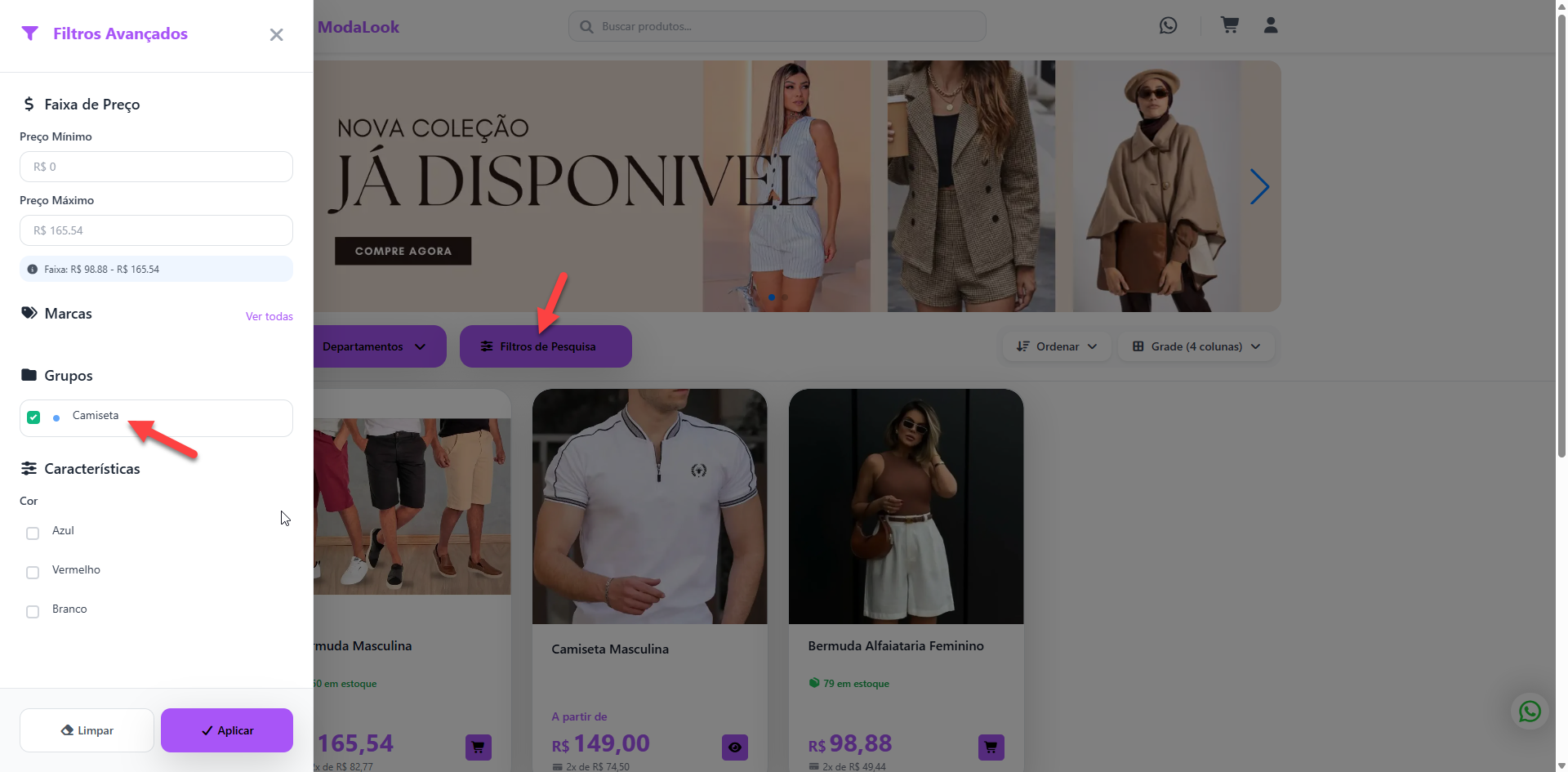 Tela de loja virtual com o painel lateral de filtros avançados aberto a partir do botão de pesquisa, permitindo refinar a listagem de produtos por faixa de preço, grupos como camiseta e características de cor.