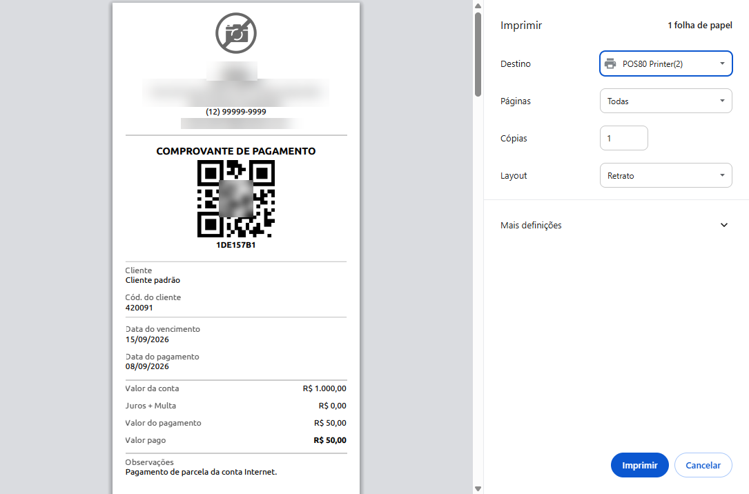 Janela de visualização de impressão de um comprovante de pagamento com QR Code, dados do cliente e valores da transação, com o painel de configurações direcionado a uma impressora térmica.