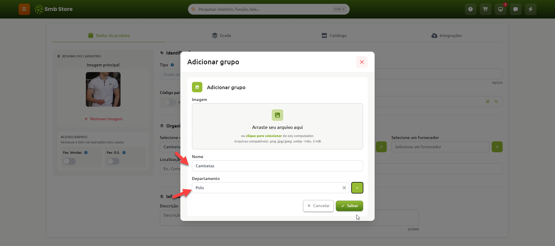 Janela de cadastro de grupo no sistema, exibindo campos para envio de imagem, preenchimento do nome e seleção do departamento do produto.
