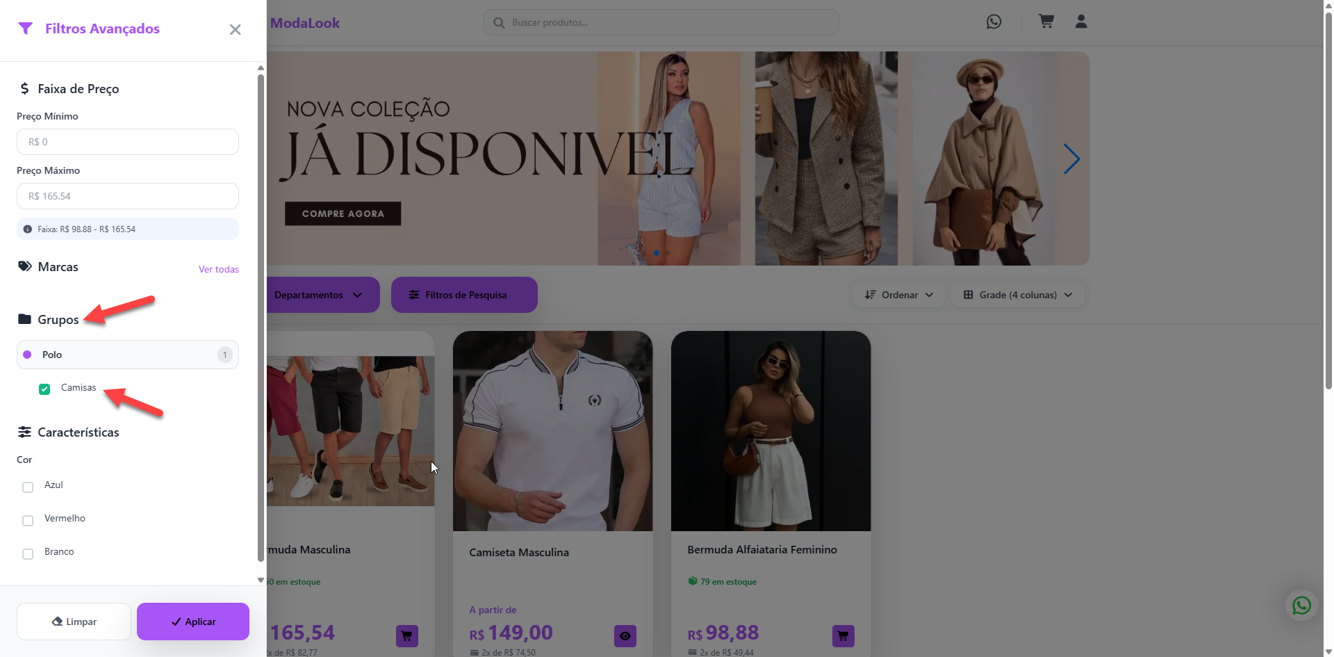 Painel lateral de filtros avançados em uma loja virtual, destacando a seleção de grupos de produtos com a opção de camisas marcada.