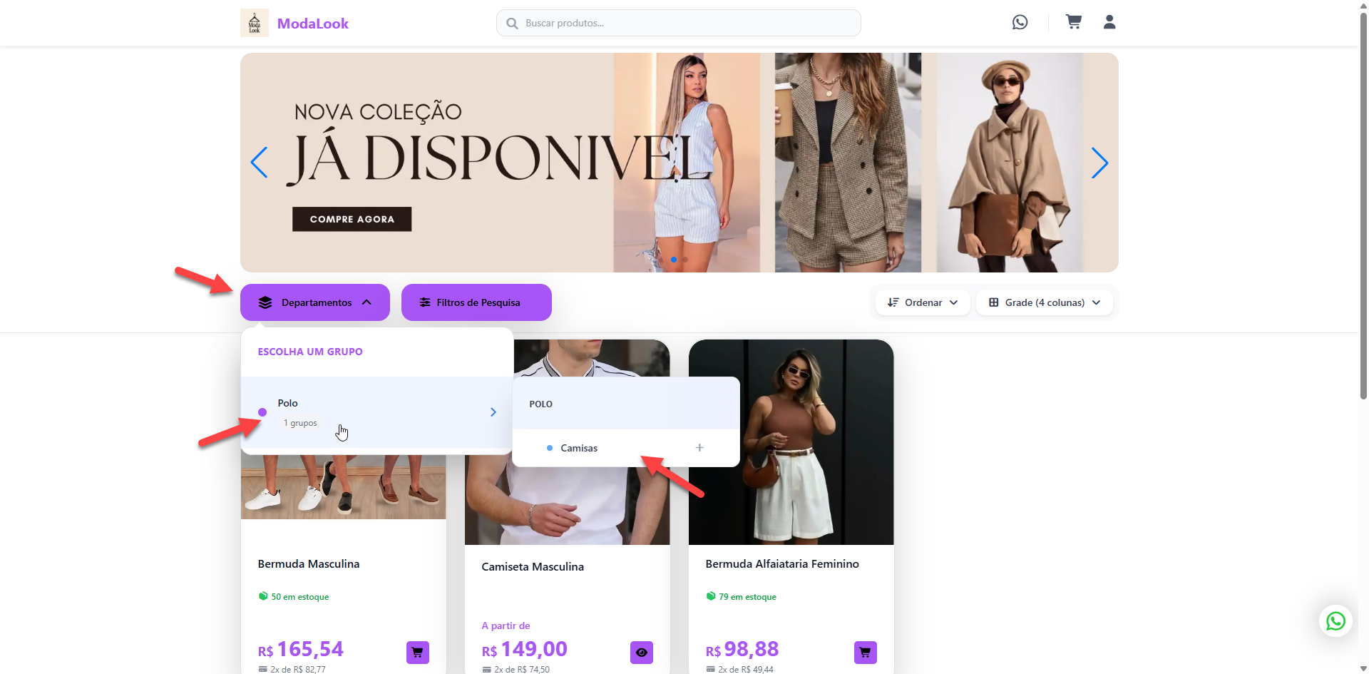 Página inicial de uma loja virtual de roupas, com o menu de departamentos expandido na categoria Polo e exibindo o subgrupo Camisas sobre a grade de produtos.