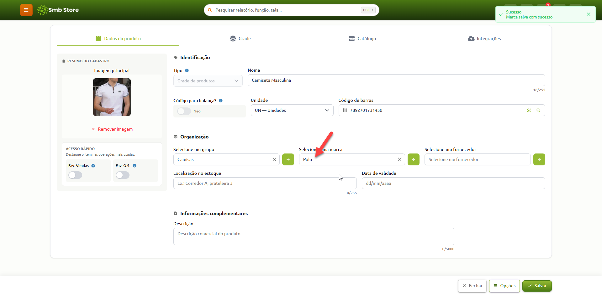Tela de cadastro de produto no sistema Smb Store, exibindo os dados de identificação e organização com destaque para o campo de seleção de marca preenchido com "Polo". Uma notificação no canto superior confirma que a marca foi salva com sucesso.