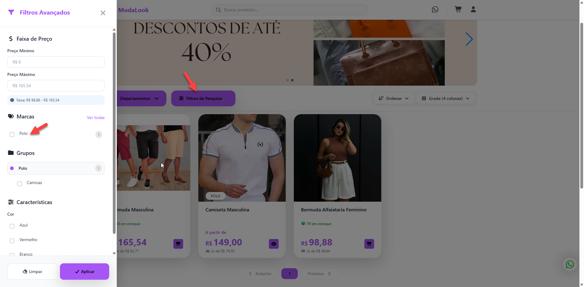 Tela de catálogo de produtos de uma loja virtual, com painel lateral aberto para aplicação de filtros avançados por faixa de preço, marcas, grupos e características.