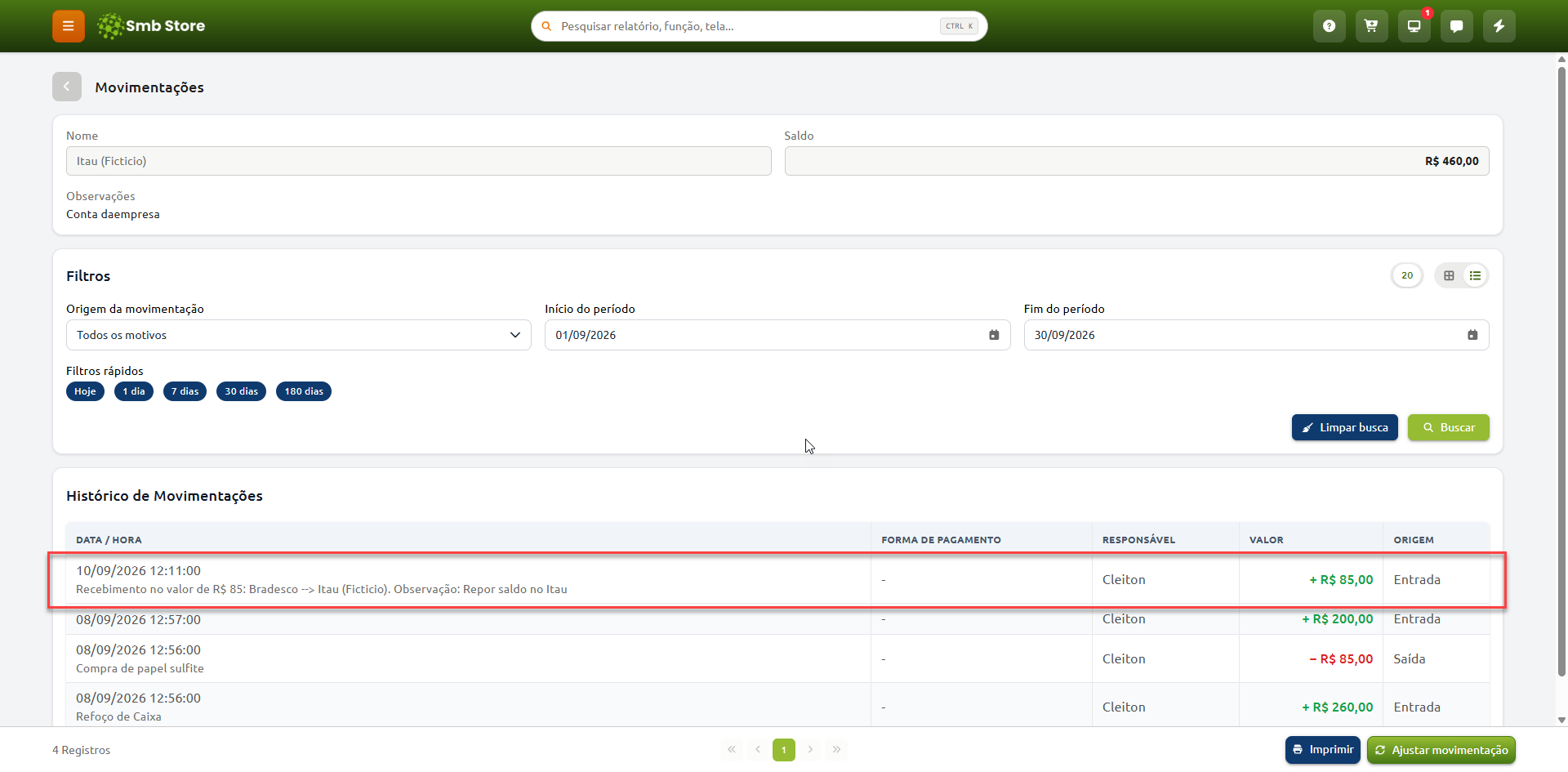 Tela de histórico de movimentações da conta no Smb Store, destacando o registro de recebimento de R$ 85,00 por transferência bancária entre contas, acompanhado do saldo atual, filtros de busca por período e lista das demais movimentações de entrada e saída.