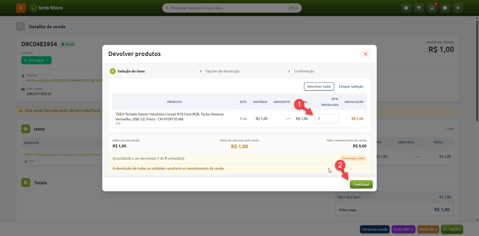 Janela de devolução de produtos no sistema Smb Store, indicando a definição da quantidade de itens a serem devolvidos e o botão para prosseguir.