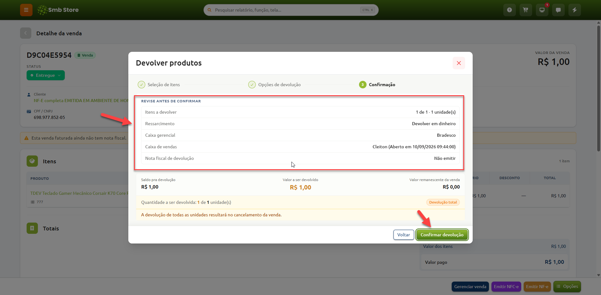 Janela de confirmação de devolução de produtos em um sistema de vendas, exibindo o resumo com itens a devolver, forma de ressarcimento, caixas selecionados, valores da operação e o botão para confirmar a devolução.