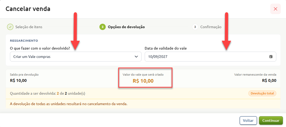 Tela de cancelamento de venda na etapa de opções de devolução, configurada para ressarcir o saldo total de R$ 10,00 com a criação de um vale-compras e a definição de sua data de validade.