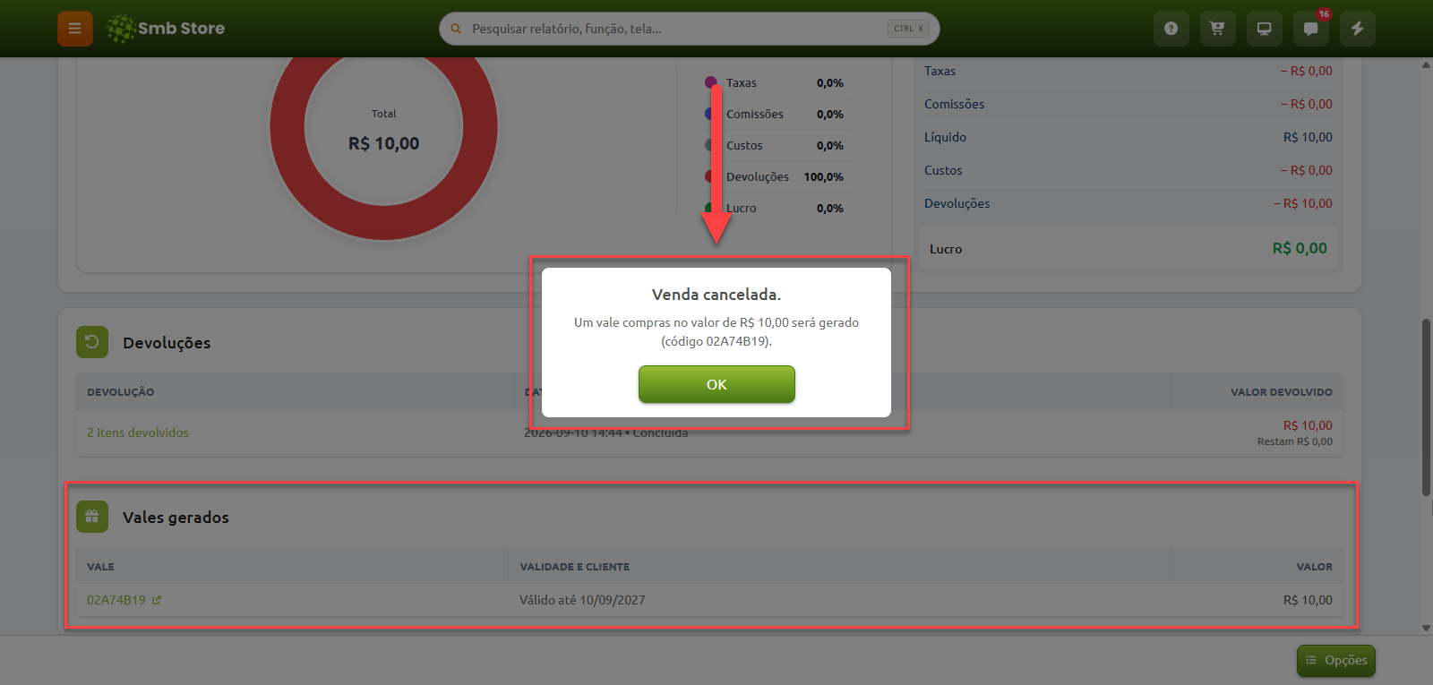 Tela de cancelamento de venda no sistema Smb Store com mensagem de confirmação da geração de um vale-compras e a tabela inferior listando o vale gerado com seu código, validade e valor.