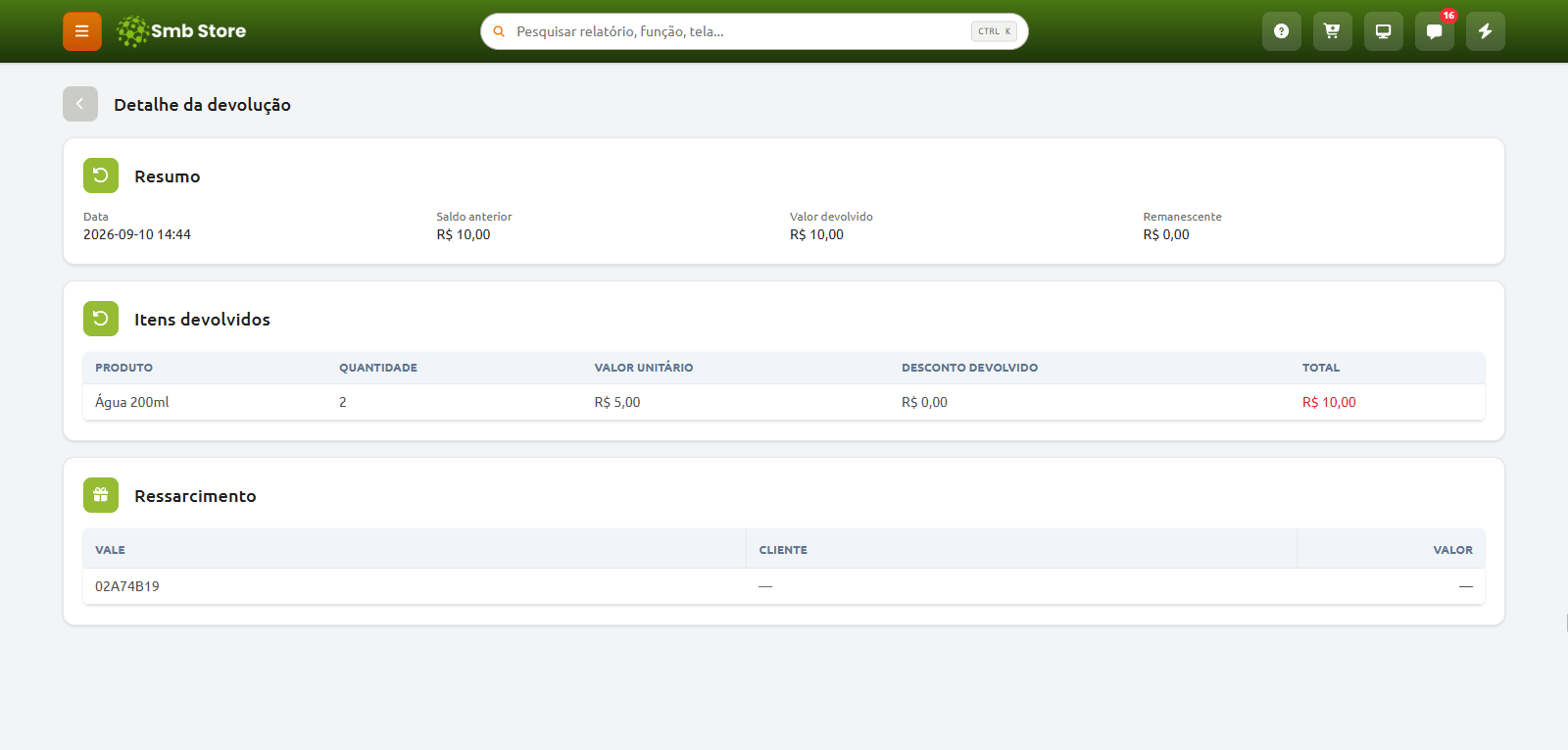 Tela de detalhe da devolução no Smb Store exibindo o resumo com data e valores, a lista de itens devolvidos com produto, quantidade e valor total, e a seção de ressarcimento com o código do vale.