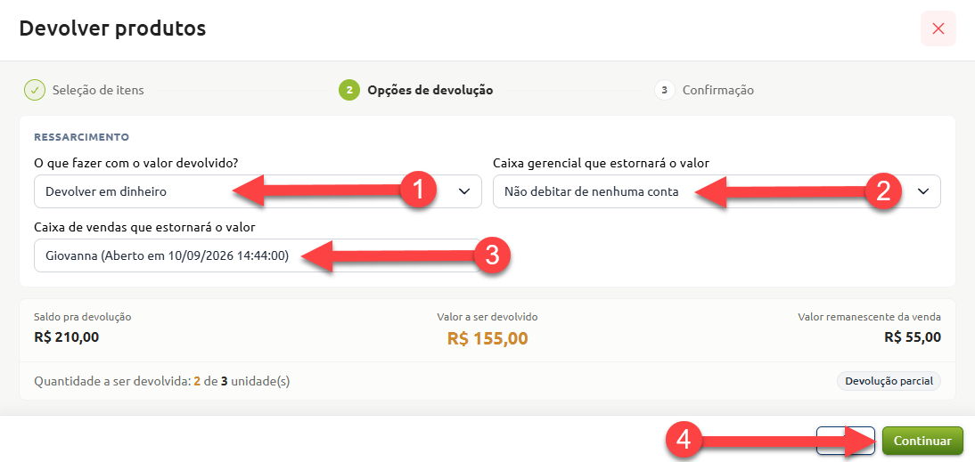 Tela de opções de devolução de produtos, exibindo a definição da forma de ressarcimento do valor, a seleção das contas e caixas responsáveis pelo estorno, o resumo dos valores e o botão para continuar o processo.