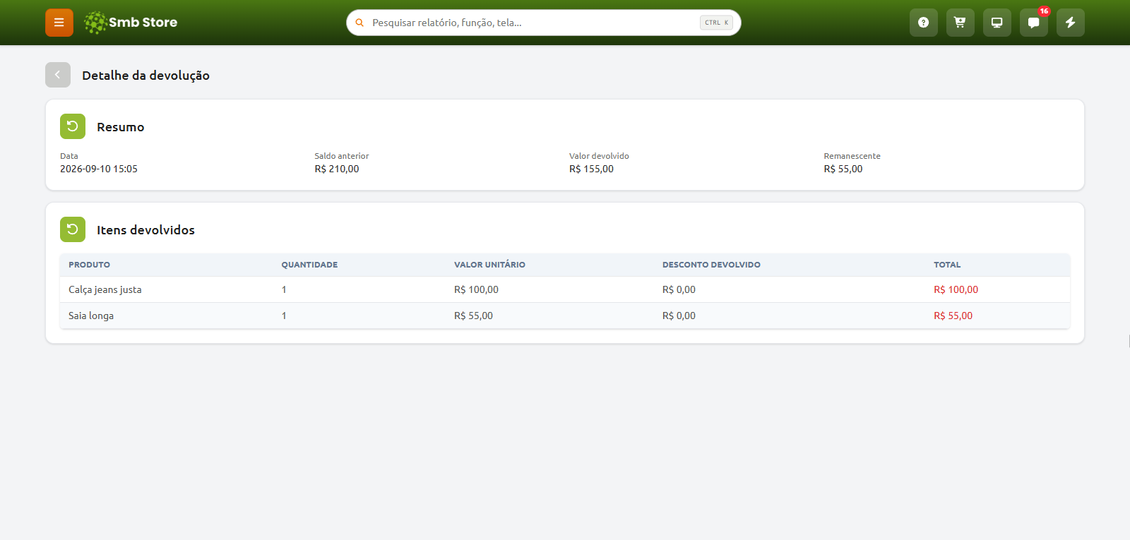 Tela de detalhe da devolução no Smb Store, apresentando o resumo financeiro da operação e a lista de itens devolvidos com informações de produto, quantidade, valor unitário, desconto e valor total.