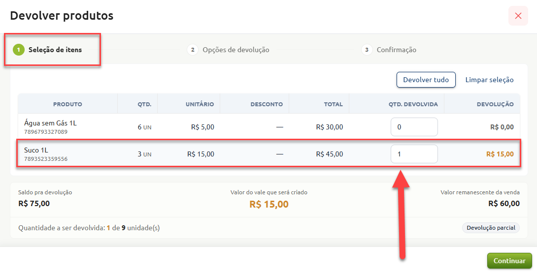 Tela de devolução de produtos na etapa de seleção de itens, com o preenchimento da quantidade a ser devolvida de um item e o cálculo dos valores da devolução parcial.