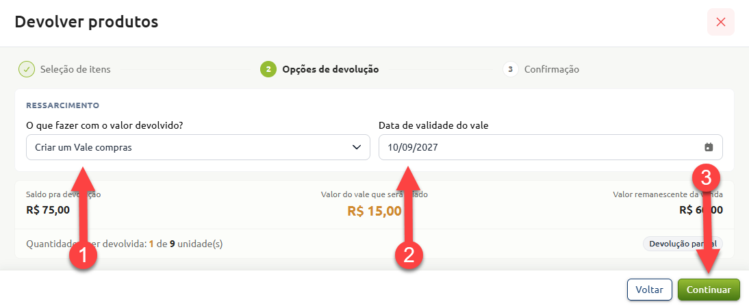 Tela da etapa de opções de devolução de produtos, indicando a seleção da opção de ressarcimento como vale-compras, a definição da data de validade do vale e o acionamento do botão para continuar.