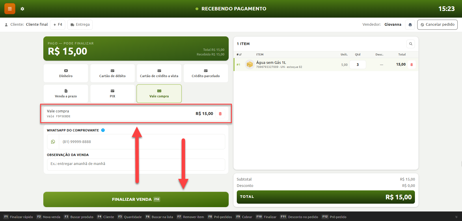 Tela de recebimento de pagamento de um sistema de ponto de venda, destacando o uso da forma de pagamento Vale Compra no valor total de R$ 15,00 e o botão para finalizar a venda.