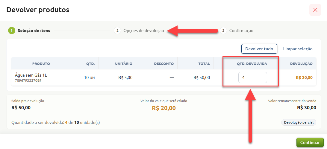 Tela de devolução de produtos na etapa de seleção de itens, exibindo a tabela com o produto vendido e o campo destacado para definir a quantidade a ser devolvida, com o cálculo automático dos valores de devolução e saldo remanescente.