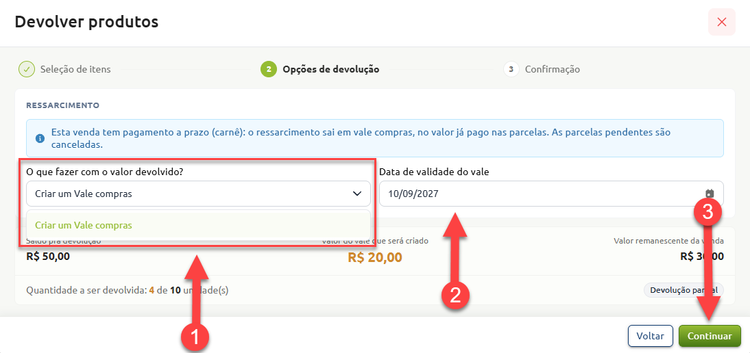 Tela de devolução de produtos na etapa de opções de ressarcimento, destacando a seleção para criar um vale-compras, a definição da data de validade e o botão para continuar.