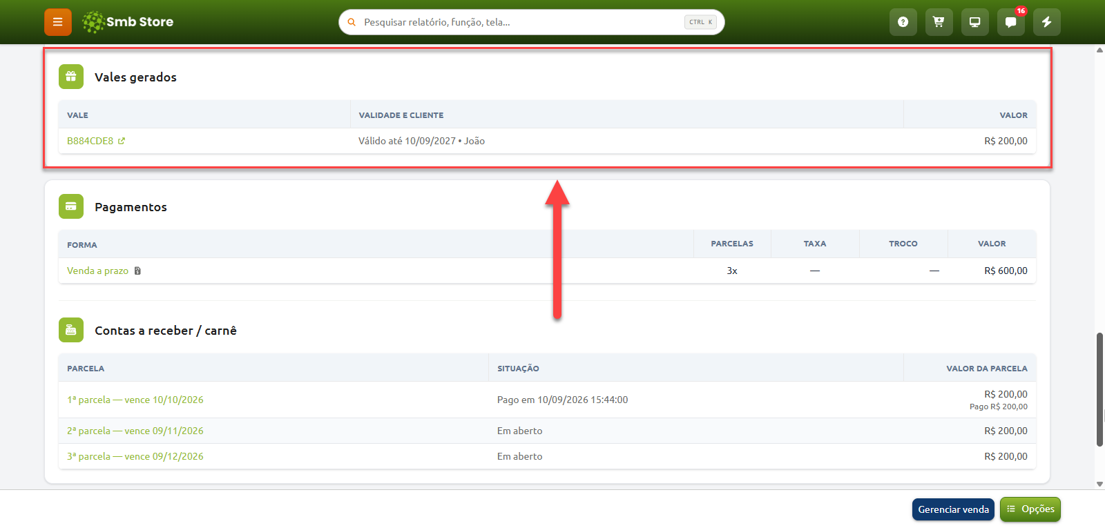 Tela de detalhes da venda no sistema Smb Store, destacando a seção de vales gerados com o código do vale, nome do cliente, validade e valor.