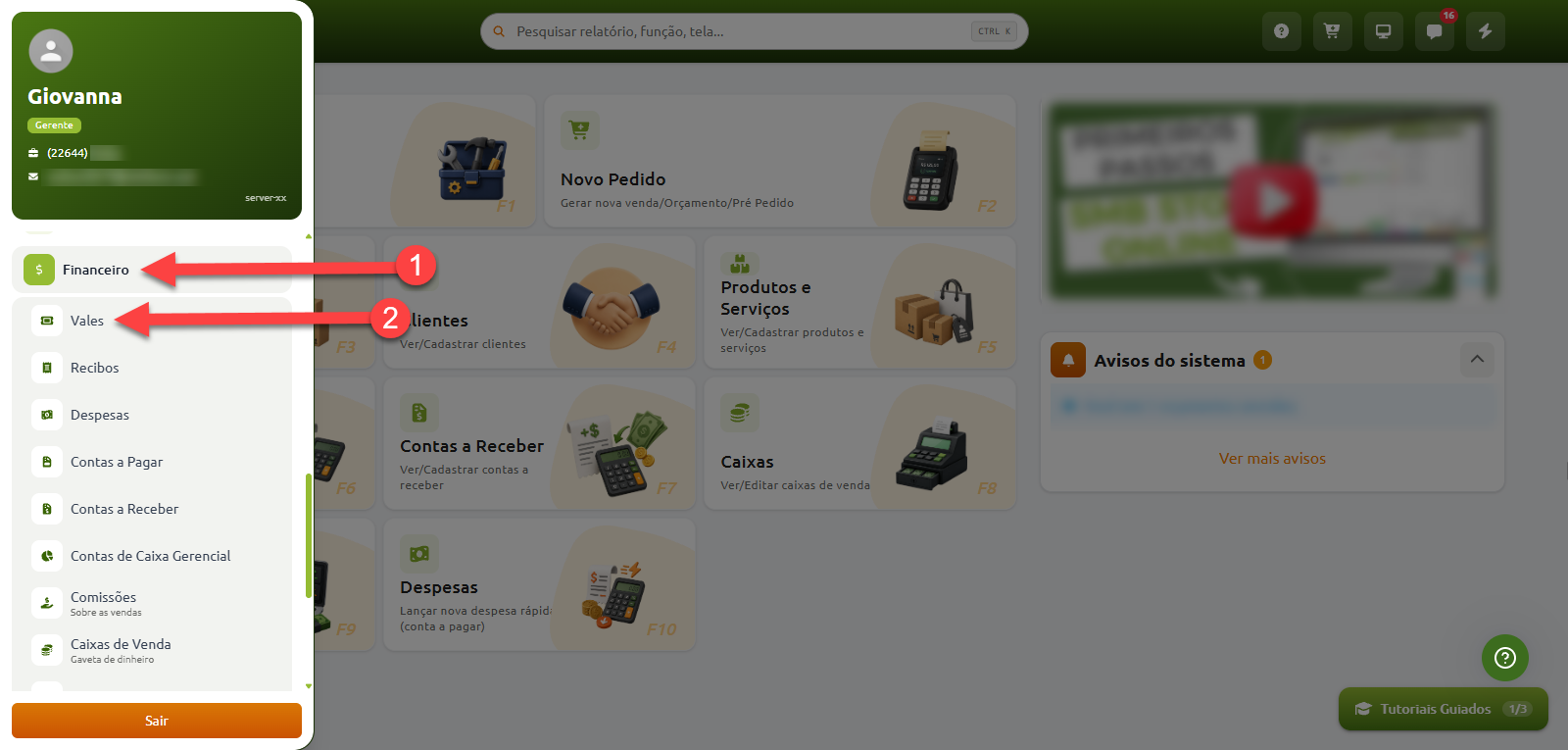 Painel do sistema com menu lateral aberto, indicando a navegação a partir da opção Financeiro até o item Vales.