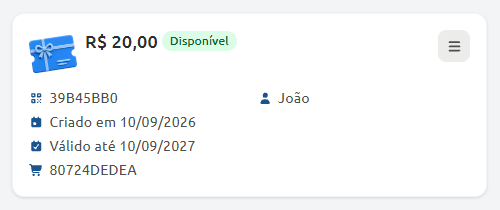 Cartão de vale-presente disponível no valor de R$ 20,00, exibindo o código do cupom, nome do titular João, datas de criação e validade, e o código do pedido associado.