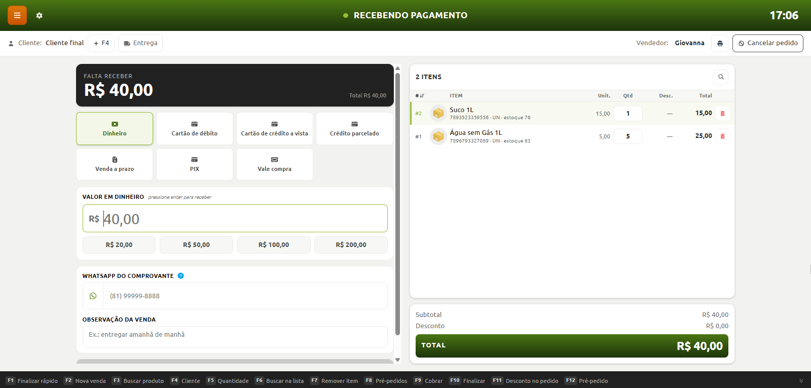 Tela de recebimento de pagamento no sistema de ponto de venda, exibindo a lista de itens com valor total de R$ 40,00, a opção de pagamento em dinheiro selecionada e campos para envio de comprovante e observações da venda.